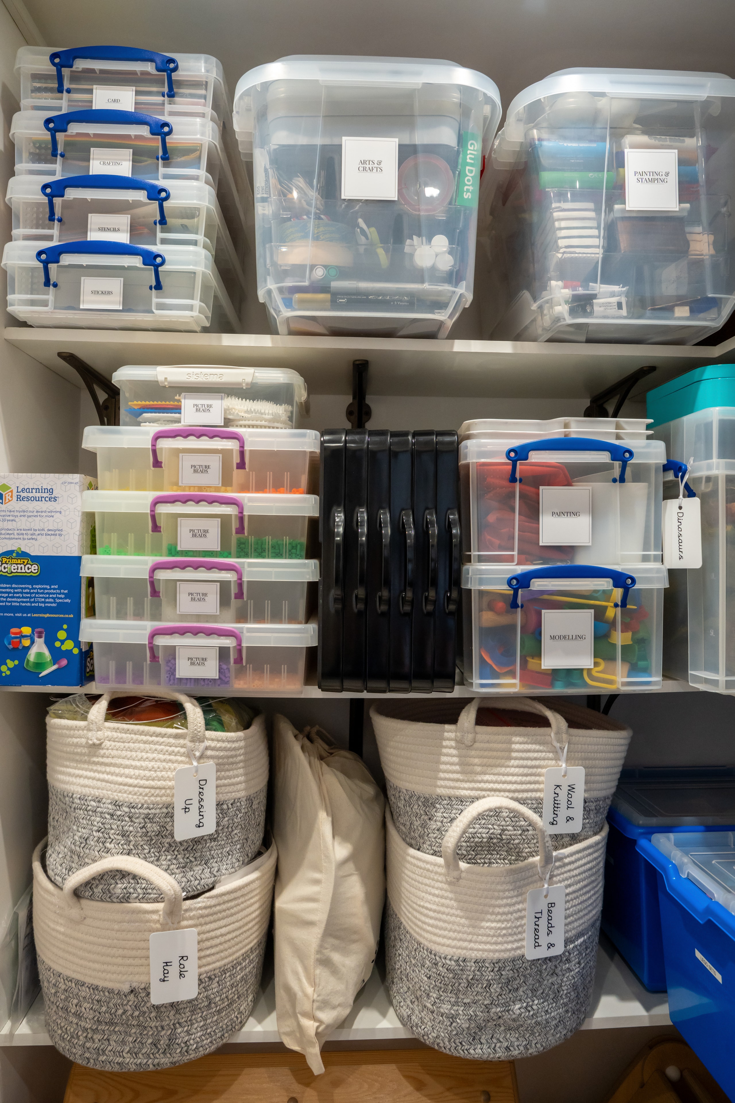 Organised storage shelves